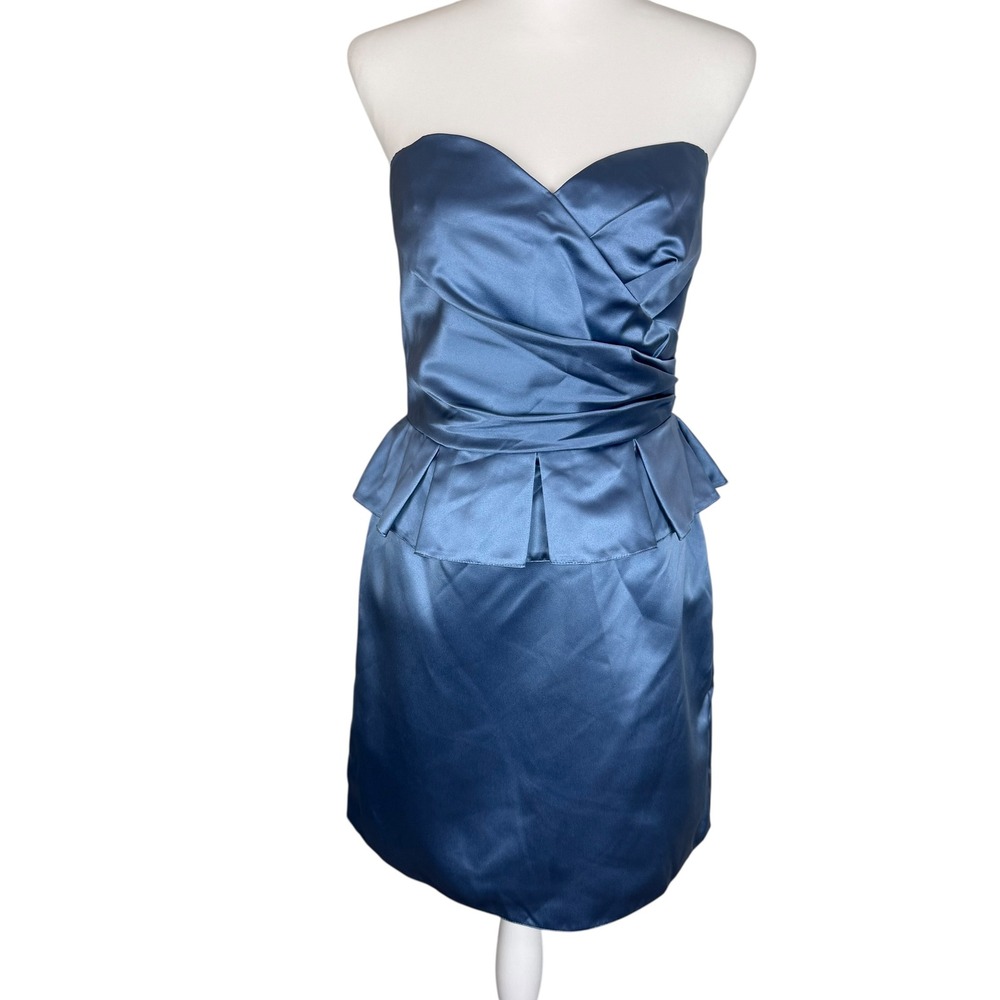 Jasmine Smoke Blue Satin Strapless Peplum Cocktail Dress Womens 10 NEW
